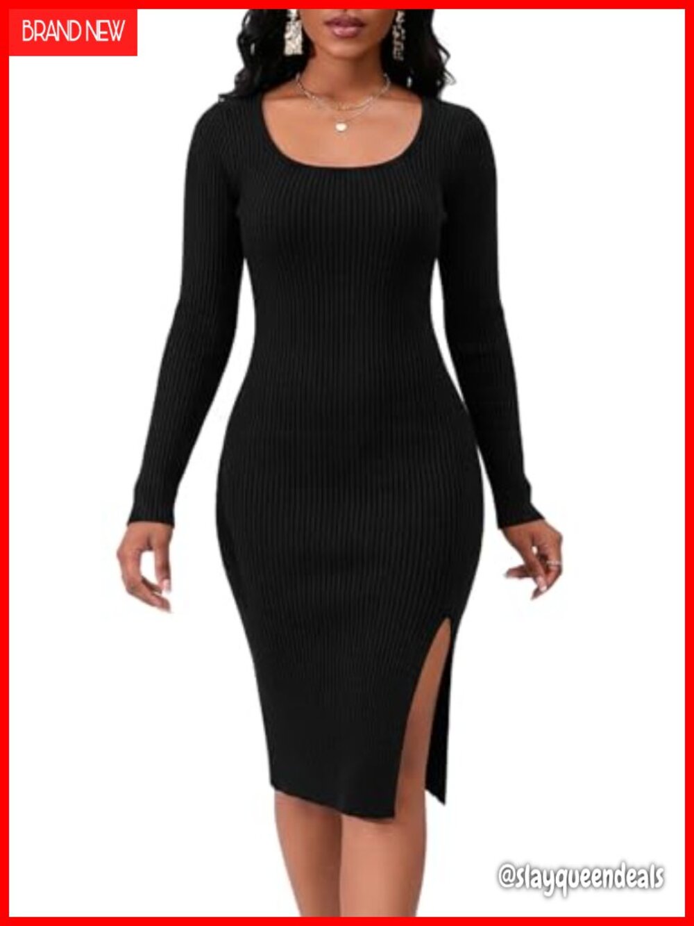 Women's Long Sleeve Bodycon Midi Dress Square Neck Thigh Slit Party